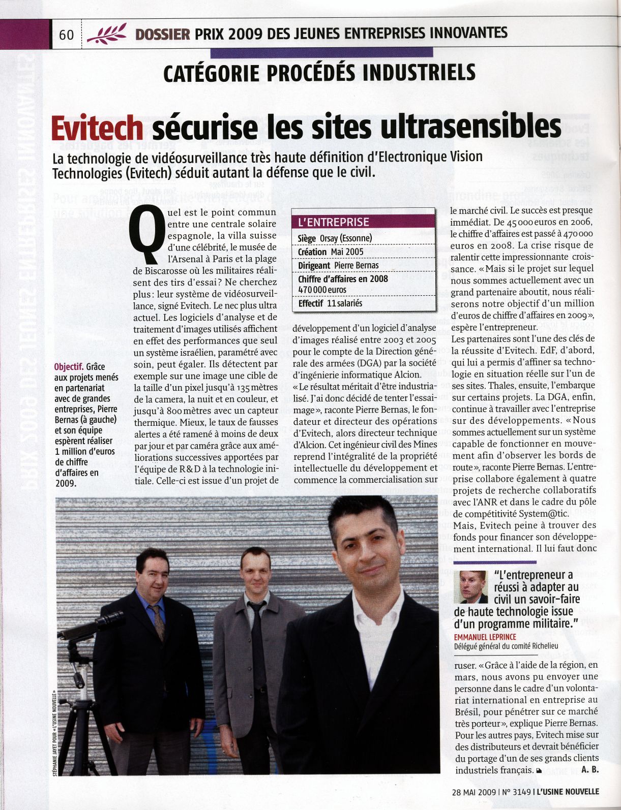 article-usine-nouvelle-28-05-2009 Evitech - Vidéo surveillance intelligente - Evitech - Vidéo surveillance intelligente